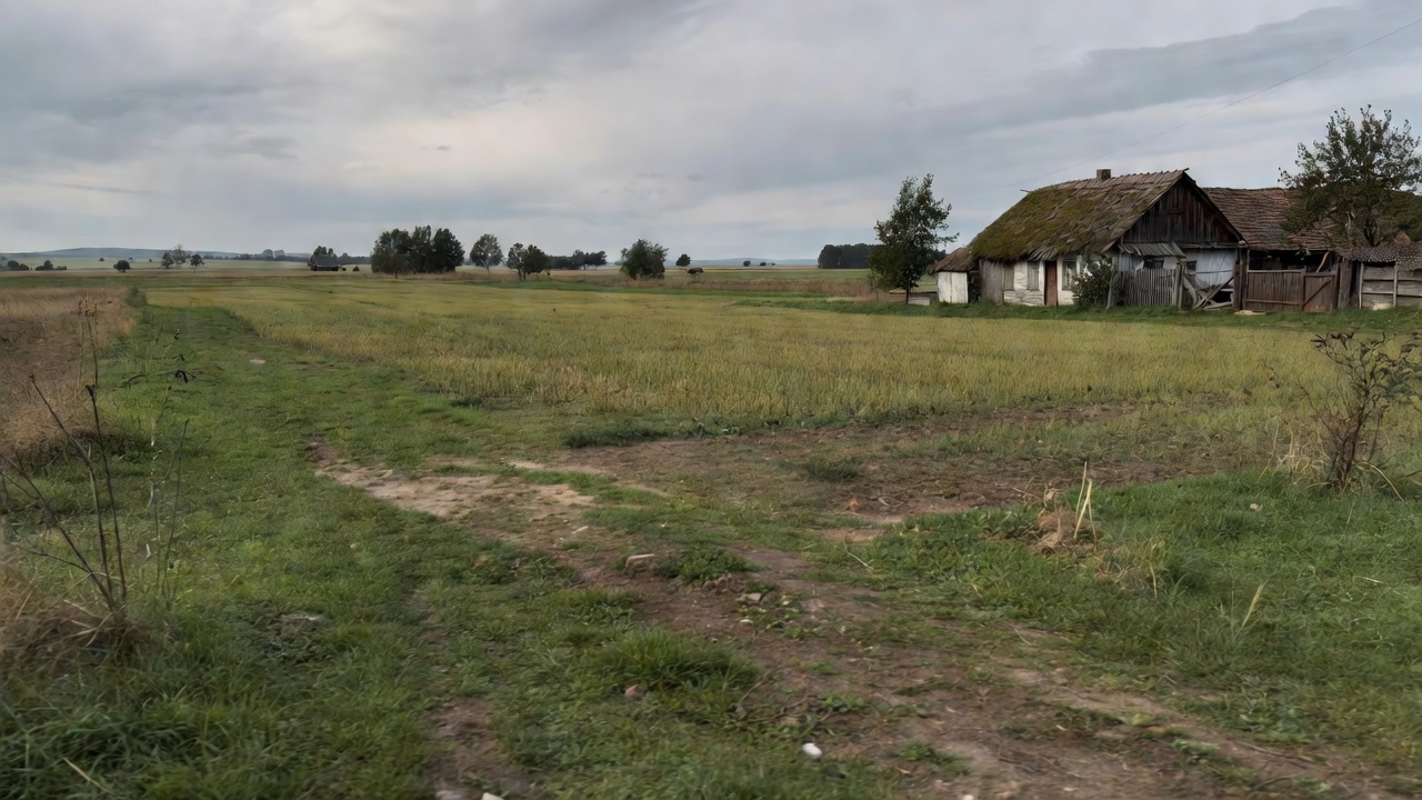 Polska wieś z tradycyjnymi budynkami i polami uprawnym w tle, krajobraz rolniczy