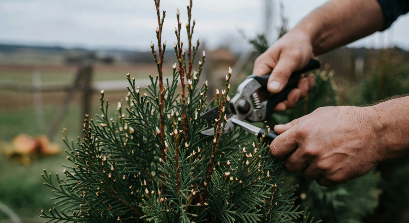 przycinanie tui — ujęcie szczegółowe